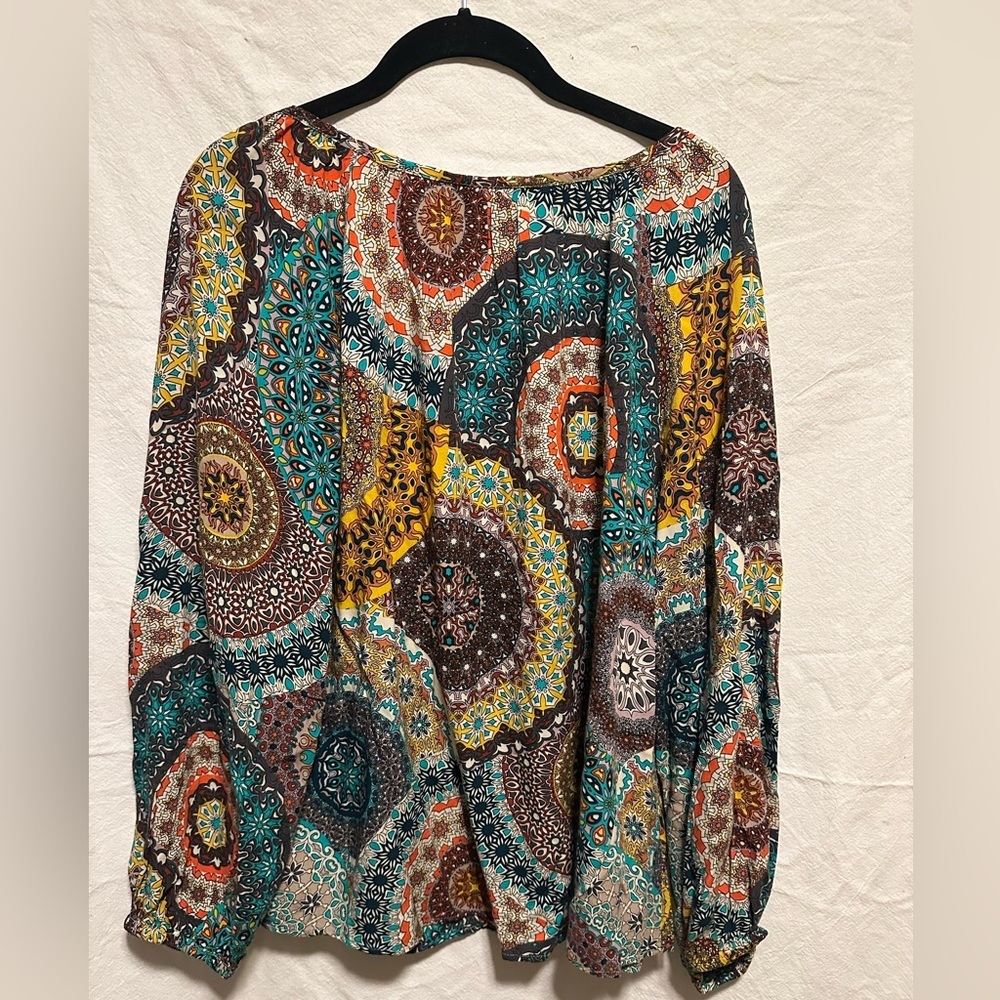 Boho Medallion Print Blouse in Teal, Mustard & Rust Size L - Picture 4 of 4
